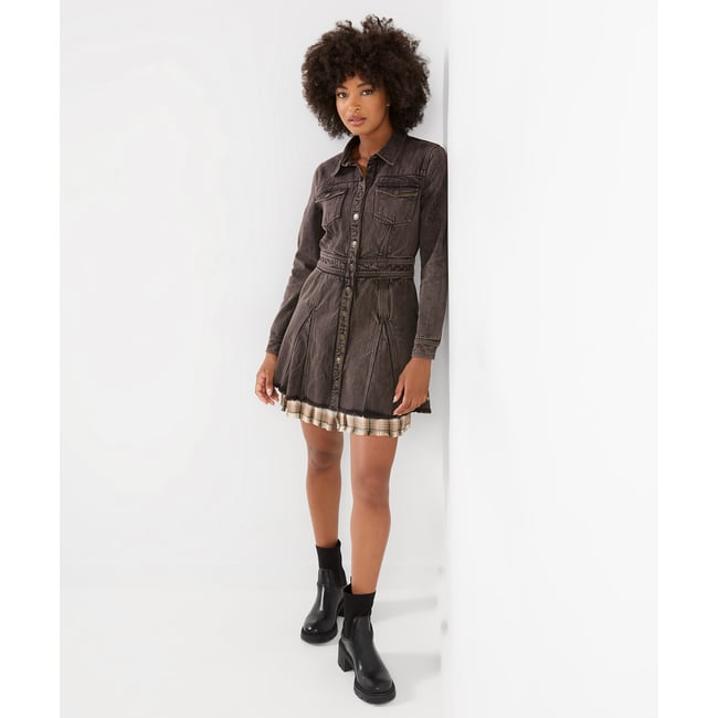 Robe Courte en Jean à Carreaux Superposée Chrissie gris <span itemprop=