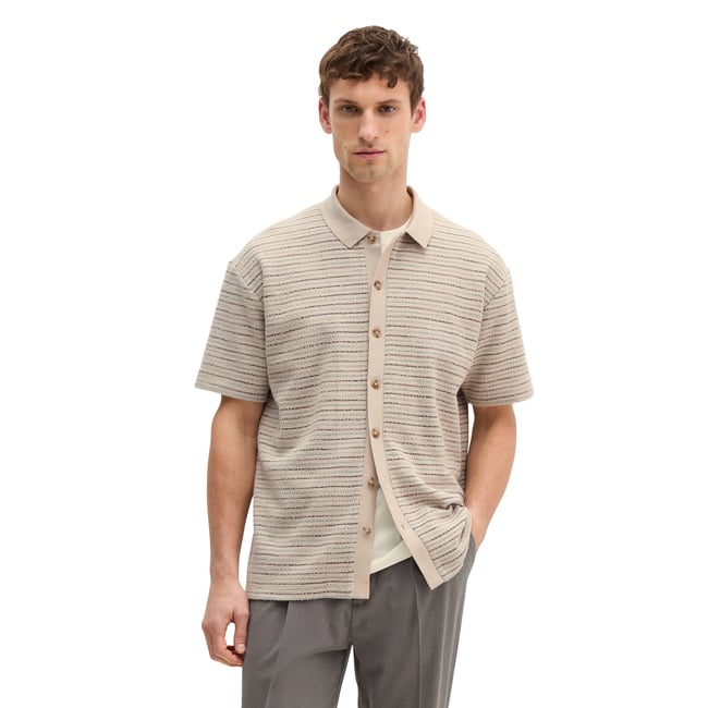 Chemise en jersey DfC relaxed avec motif à rayures structuré beige <span itemprop=
