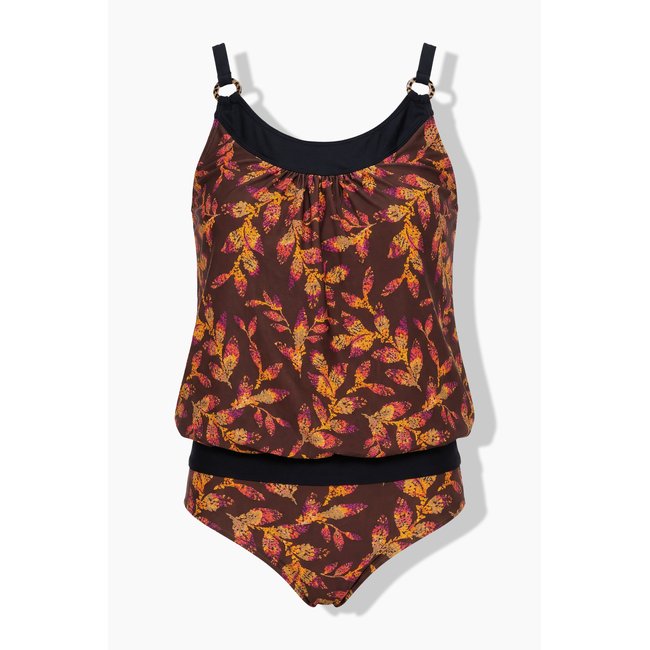 Tankini motif feuilles brun terre <span itemprop=