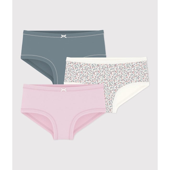 Lot de 3 culottes, 2 unies et 1 imprimé fleurs blanc + rose + vert <span itemprop=