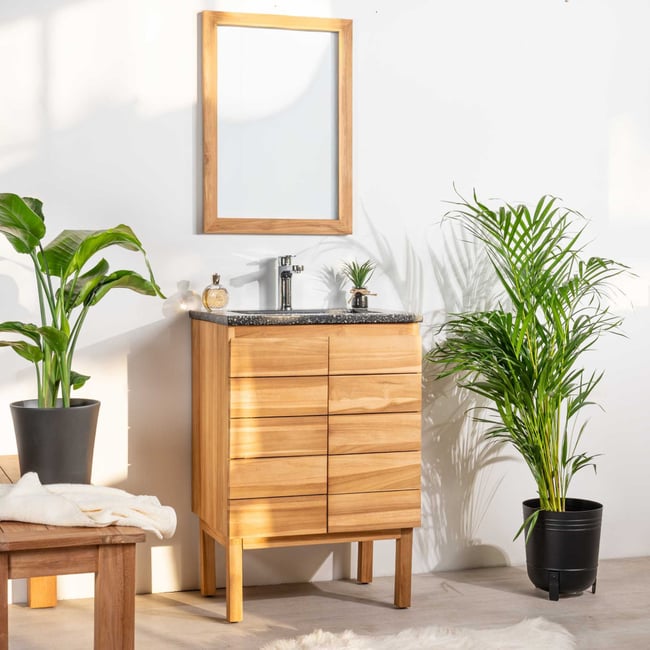 Meuble salle de bain en teck et terrazzo noir Ananta 60cm Couleur noir <span itemprop=