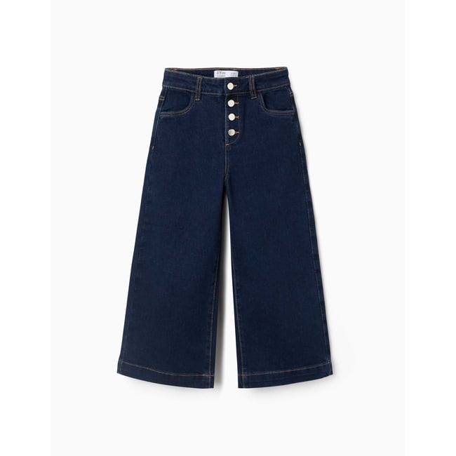 Jean à jambe large avec boutons-pression sur le devant bleu foncé <span itemprop=