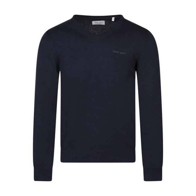 Pull en coton bleu clair à coupe droite pourvu d'un col v côtelé - TEDDY SMITH