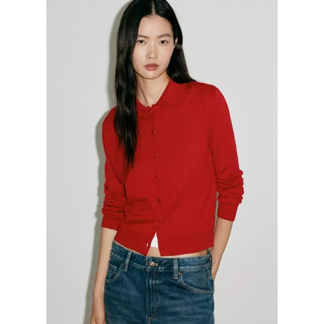 Cardigan bouton col revers rouge <span itemprop=