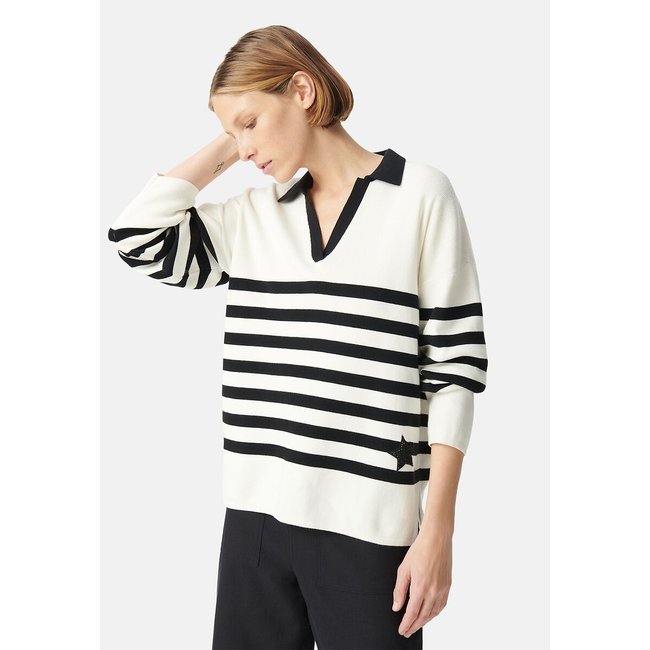 Camisola à marinheiro larga, gola polo, mangas compridas branco/preto <span itemprop=