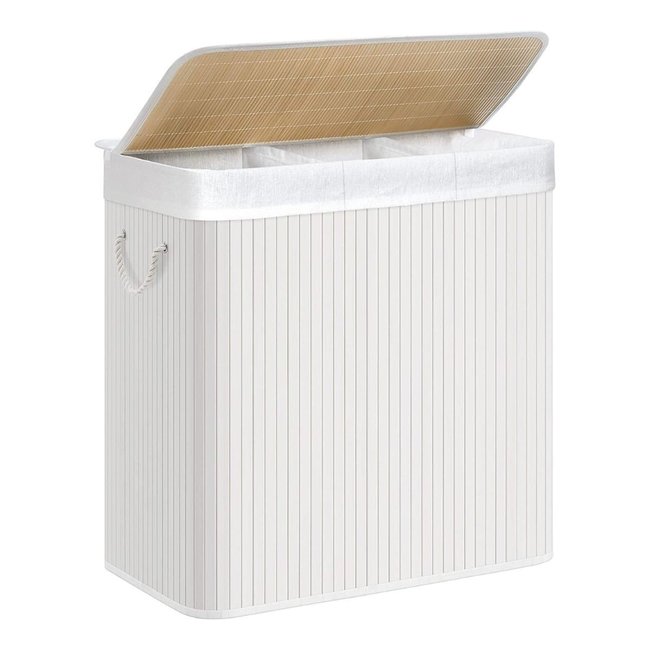 Panier à linge 3 compartiments avec sacs amovibles bambou et blanc Couleur blanc <span itemprop=