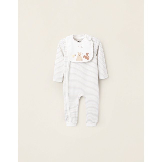 Grenouillère sans Pieds + Bavoir bleu clair <span itemprop=