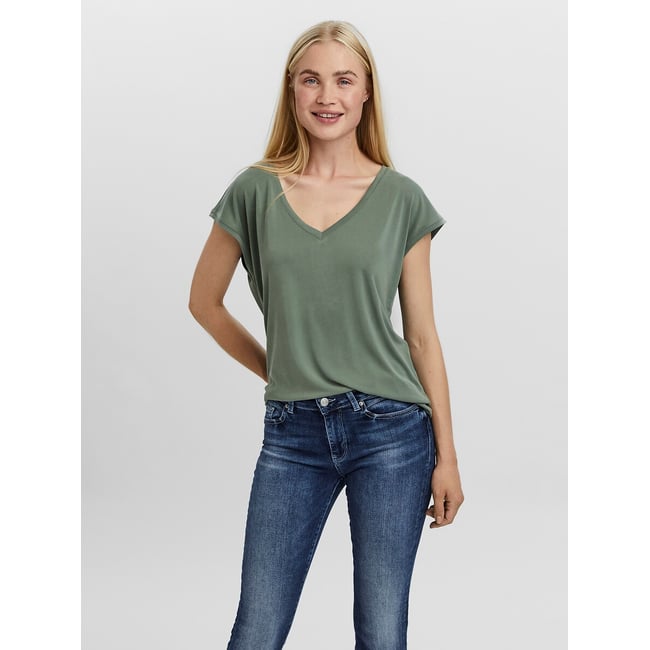 T-shirt col V manches courtes  vert kaki <span itemprop=