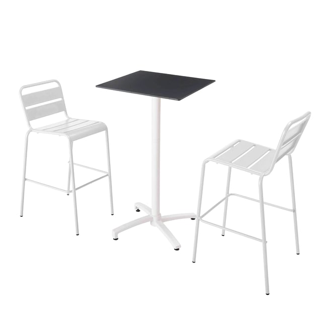 Ensemble table inclinable en hpl avec chaises hautes en métal, OPERA blanc <span itemprop=