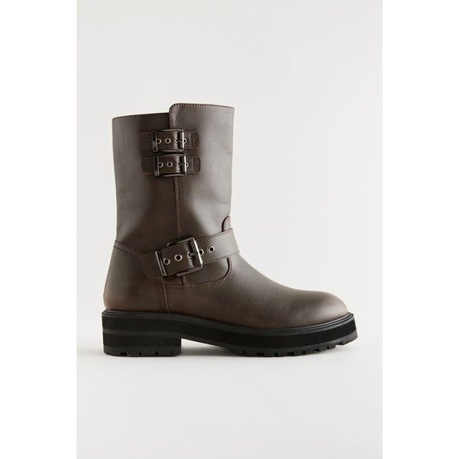 Bottines motard à boucle marron chocolat <span itemprop=