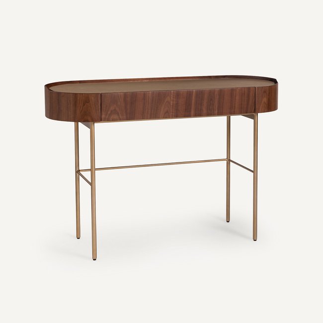 Bureau console plaqué noyer et cuir, Aslen Couleur noyer <span itemprop=