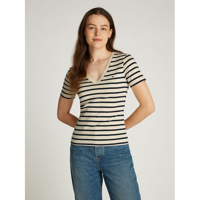 T-shirt com decote em V, às riscas cru/marinho <span itemprop=