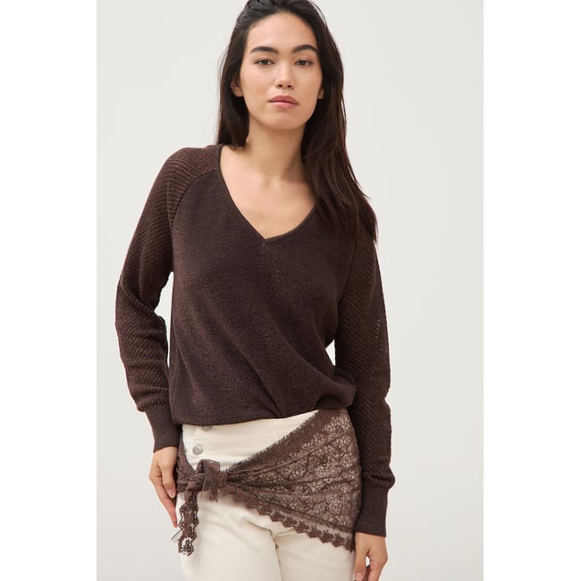 Pull droit col v manches longues marron <span itemprop=