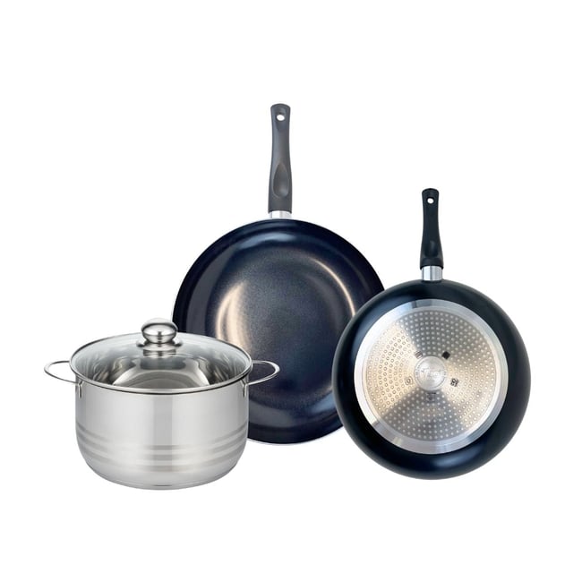 Batterie 2 poêles 28/32cm + 1 faitout 24cm PRIMA BRILLANT noir <span itemprop=