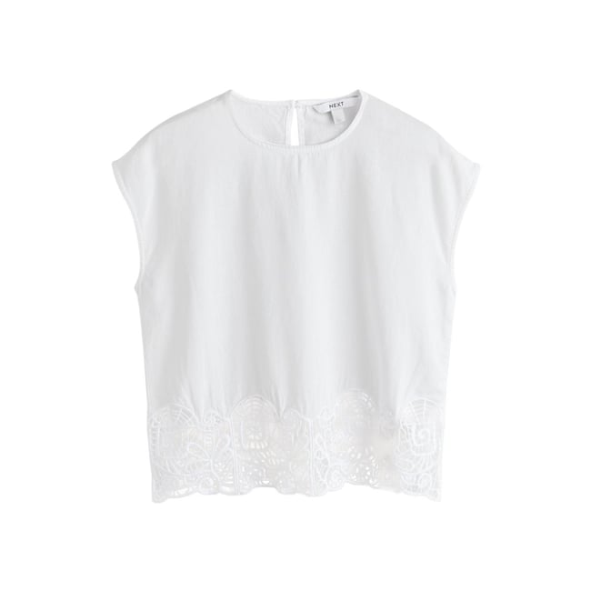 Haut sans manches à détail ajouré blanc <span itemprop=