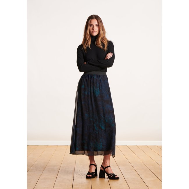 Jupe longue fluide imprimé fleurs noir/bleu <span itemprop=
