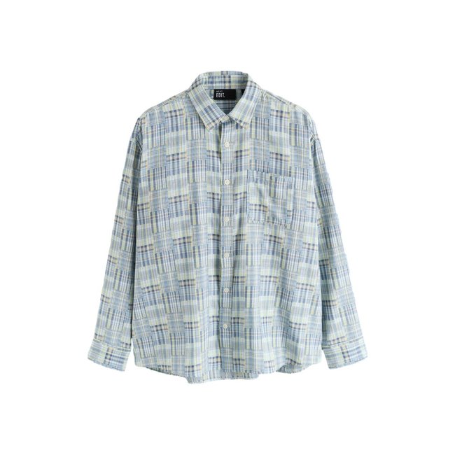 Chemise manches longues à carreaux patchwork bleu <span itemprop=