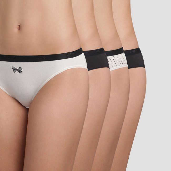 Pack of 4 Les Pockets Knickers in Cotton, black bow print, DIM