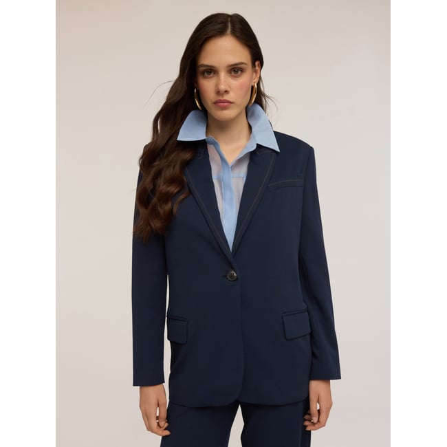 Veste de costume à simple boutonnage avec surpiqûres contrastées bleu <span itemprop=