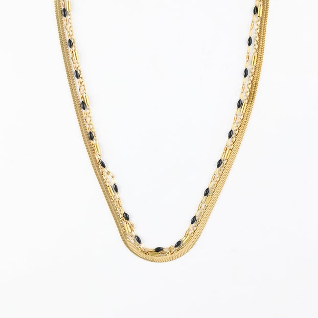Collier chaîne 3 rangs acier inoxydable et époxy noir doré <span itemprop=