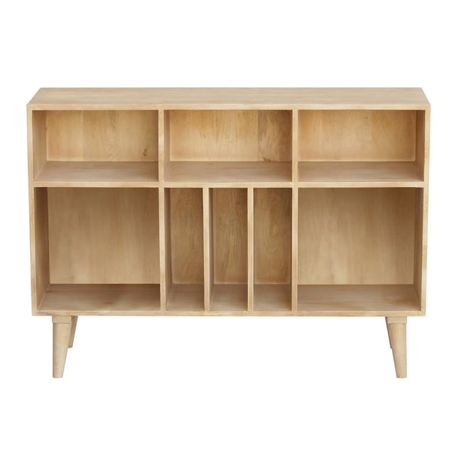 Buffet ouvert meuble de rangement bouteilles ou vinyles en bois manguier massif L120 cm ISIDRO Couleur bois clair / noir <span itemprop=