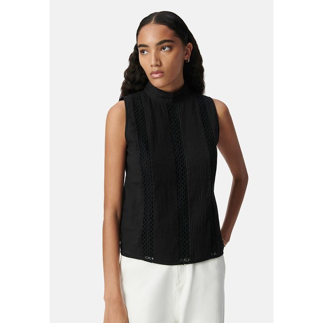 Blusa plissada sem mangas com gola subida preto <span itemprop=