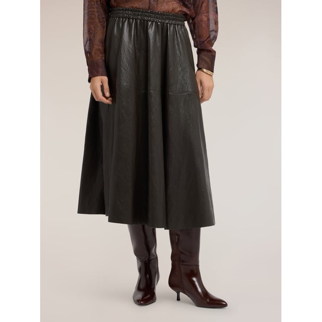 Jupe midi ligne A enduite marron <span itemprop=