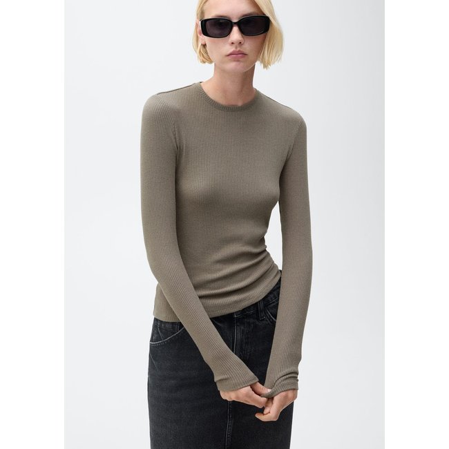 T-shirt côtelé manches longues kaki <span itemprop=