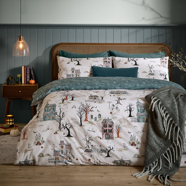 Ghost Town Reversible Halloween Duvet Cover and Pillowcase Set, multi-coloured, FURN.