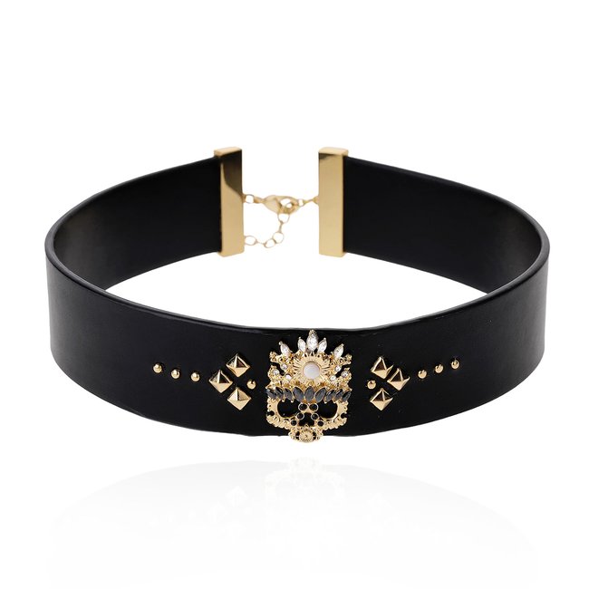 Collier ajustable ras de cou en cuir avec studs et cabochon central ILLUMINATI noir <span itemprop=