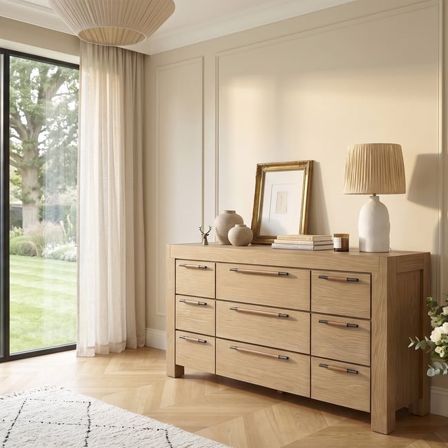 Commode contemporaine en bois massif, 9 tiroirs MEGÈVE Couleur marron <span itemprop=