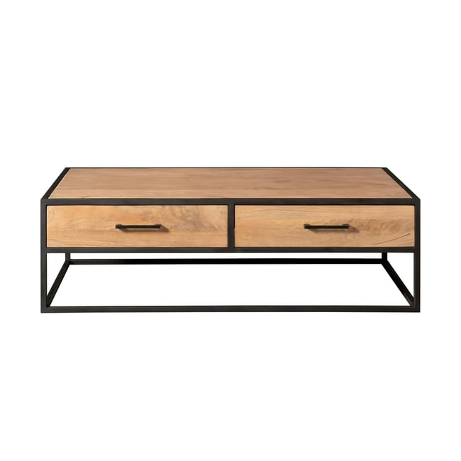 Table basse bois clair métal noir 4 tiroirs RIVANO Couleur bois naturel <span itemprop=