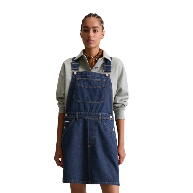 Robe courte à bavette loose en denim rigide bleu foncé <span itemprop=