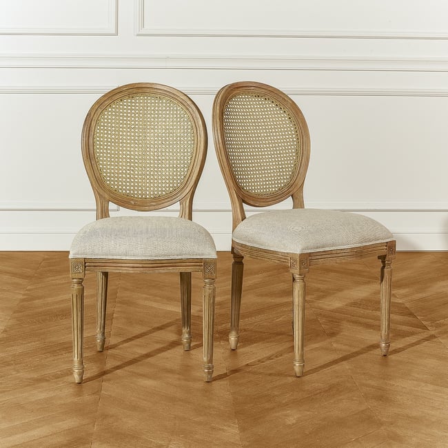 Lot de 2 chaises médaillon en lin naturel, style classique MEDAILLON Couleur lin <span itemprop=