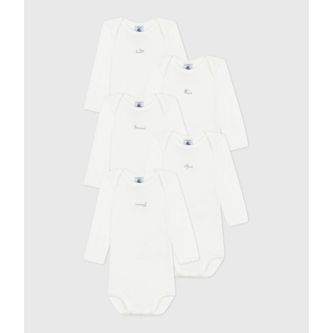 Pack of 5 Bodysuits with Long Sleeves, white, PETIT BATEAU