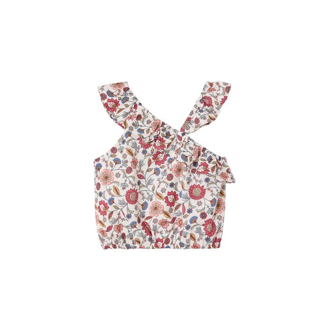 Blouse à volant asymétrique imprimée fleurs écru <span itemprop=