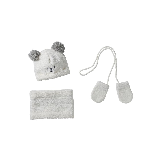 Ensemble bonnet, snood et moufles écru <span itemprop=