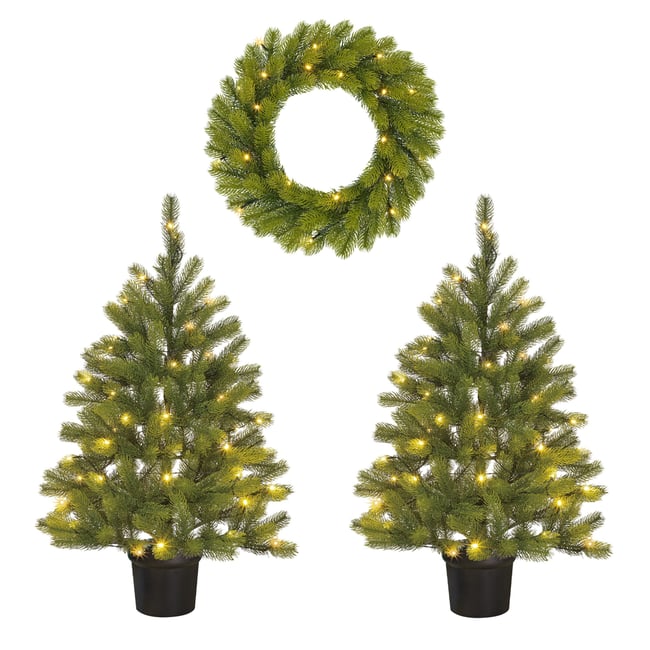 Lot de 2 sapins de Noël et 1 couronne d’extérieur avec LED NAGOYA Couleur blanc <span itemprop=