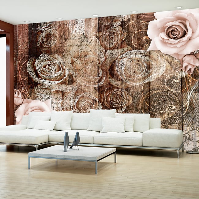 Papier peint intissé panoramique Old Wood & Roses Couleur rose <span itemprop=