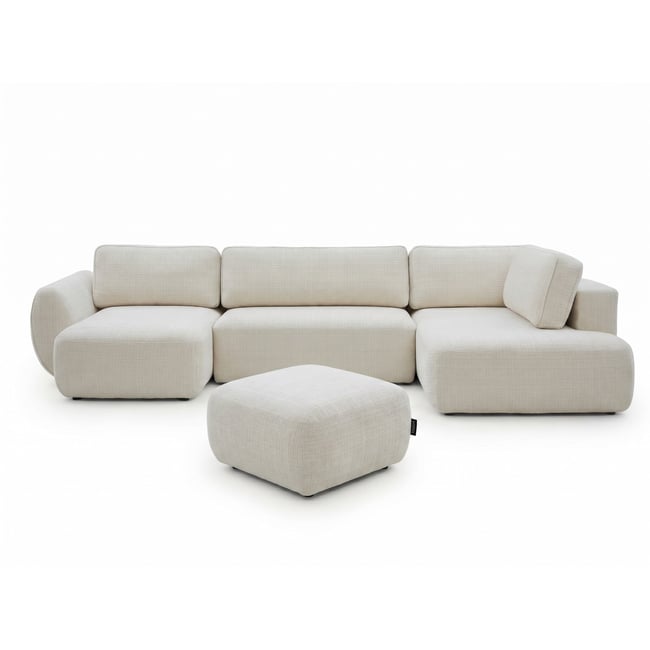 Canapé panoramique convertible 6 places en tissu texturé avec pouf, DENISE - BOBOCHIC