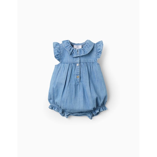 Barboteuse sans manches en jean avec volants bleu <span itemprop=