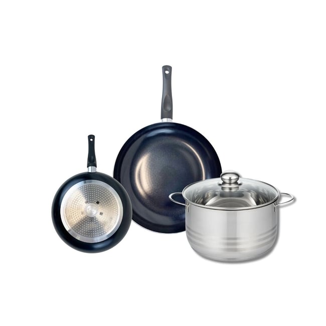 Batterie 2 poêles 20/28cm + 1 faitout 24cm PRIMA BRILLANT noir <span itemprop=
