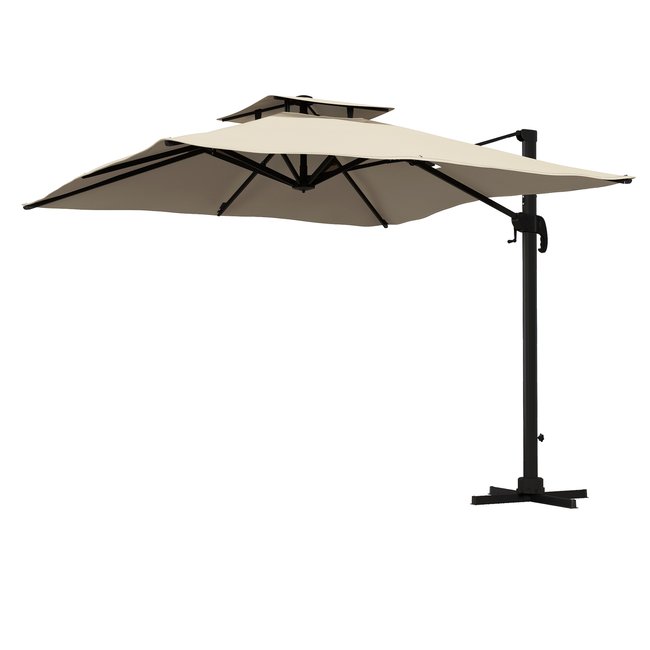 Parasol déporté carré 3 x 3 m inclinable pivotant alu toile kaki vert <span itemprop=