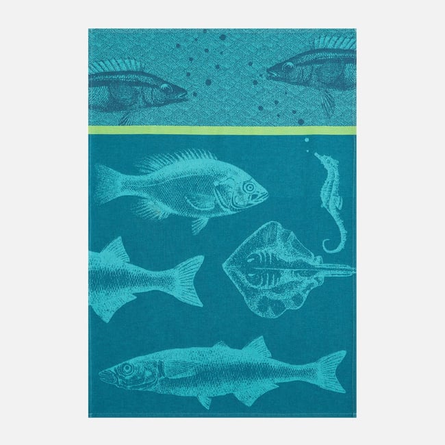 Torchon jacquard en coton BANC DE POISSONS bleu <span itemprop=