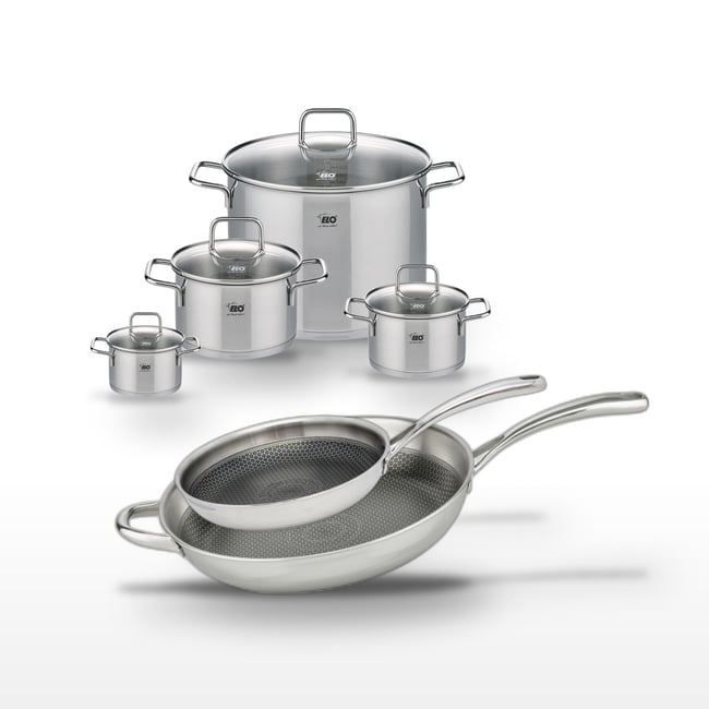 2 poêles 28/32cm + 4 faitouts 12/16/20/26cm RELIEF EVOLUTION inox <span itemprop=