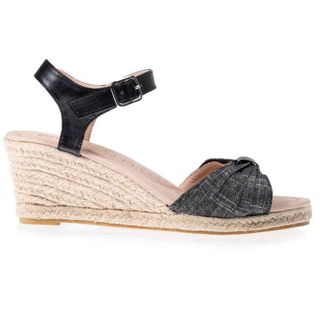 Espadrilles à talon 6 cm et bout ouvert détail nœud noir <span itemprop=