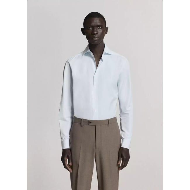 Chemise costume 100 % coton rayures bleu <span itemprop=