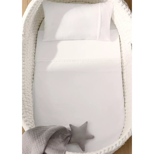 Lot drap plat et taie d’oreiller mini berceau coton lavé dentelle volant blanc <span itemprop=
