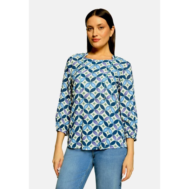 T-shirt façon blouse à laçage bleu/vert <span itemprop=