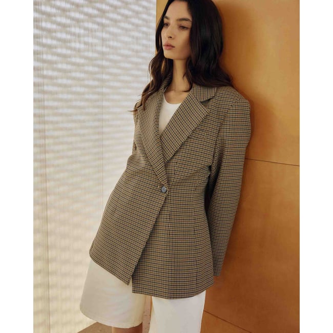 Blazer cintré croisé pied-de-poule beige Almond beige <span itemprop=
